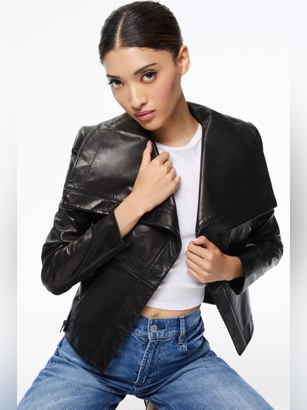 NWT $1295 Alice + Olivia Nita Leather Drape Front Jacket